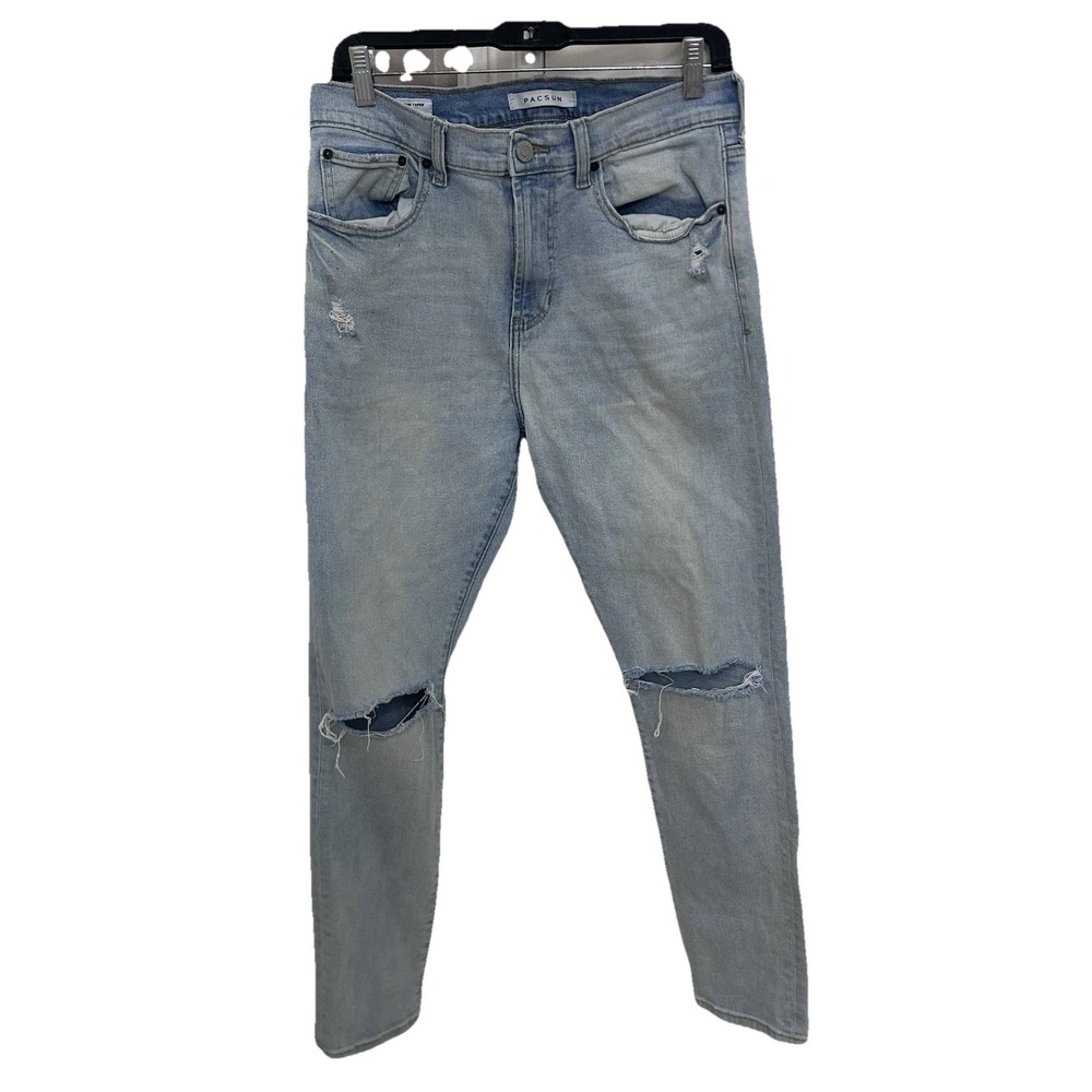 PacSun Mens Slim Taper Distressed Light Wash Blue Denim Jeans 32x32 Streetwear